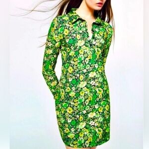 ZARA Green Floral Collared Long Sleeve Mini Dress Size Small Retro Mod Style